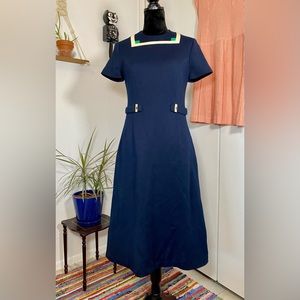 Vintage Navy Blue Mod Green White A Line MIDI 1960s Dress Medium